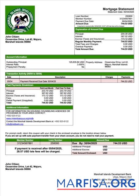 Downloadable Marshall Islands Development Bank mortgage statement Word and PDF template